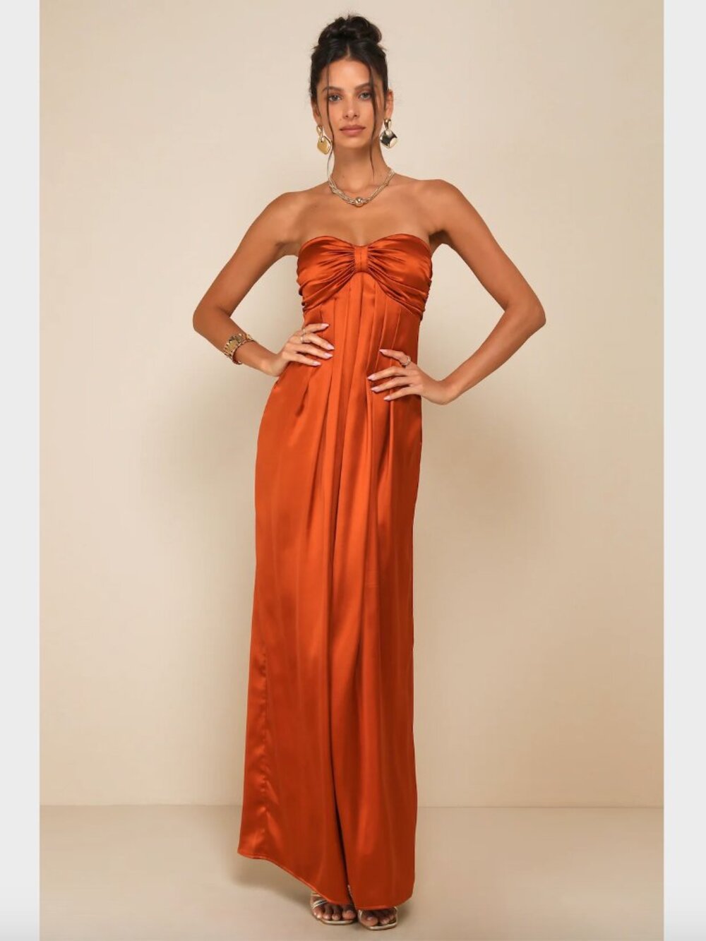 Lulus NWT Memorable Entrance Rust Orange Strapless Satin Maxi Dress w/ Cups